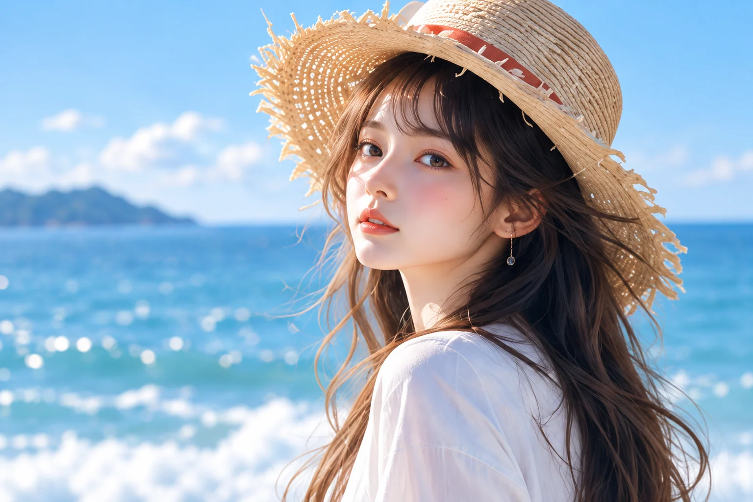 戴草帽的成年女性在海边的 AI 示意作品